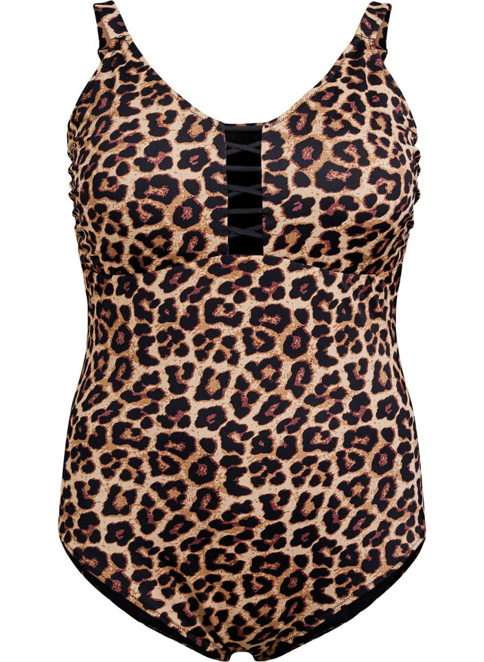 Badedrakt med dyretrykk og stringdetaljer, Leopard AOP, Packshot