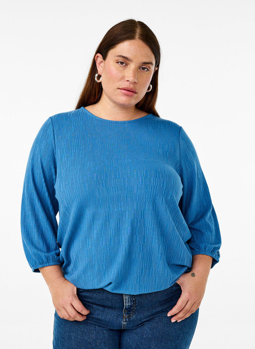 Bluse med tekstur og 3/4 ermer, Bl&aring;, Model image number 0