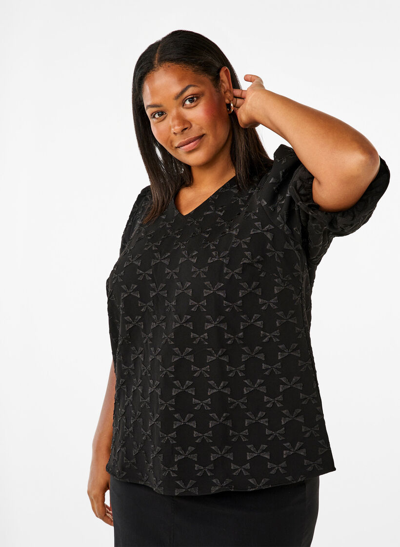 Kortermet jacquard-bluse med sløyfer, Black W. Bow, Model image number 0