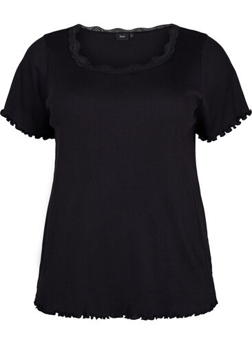 Kortermet pysjamasgenser med blondekant, Black, Packshot image number 0