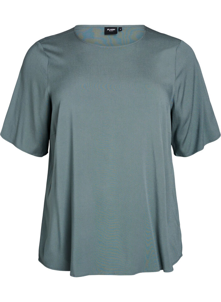 FLASH – Vevet bluse med korte ermer og rund hals, Grønn, Packshot image number 0