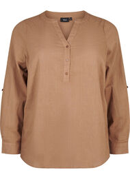 Skjortebluse i bomull med V-hals, Coca Mocha