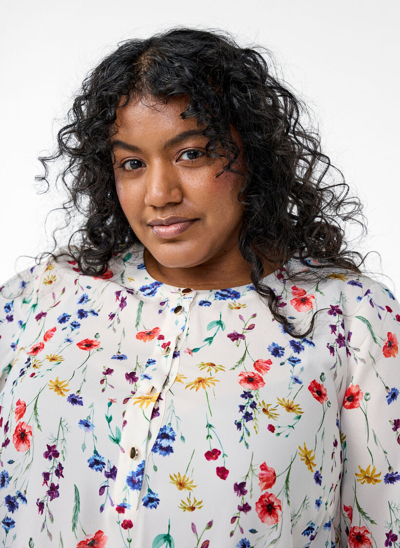 Blomstret midikjole med 3/4-ermer, Multi Flower AOP, Model