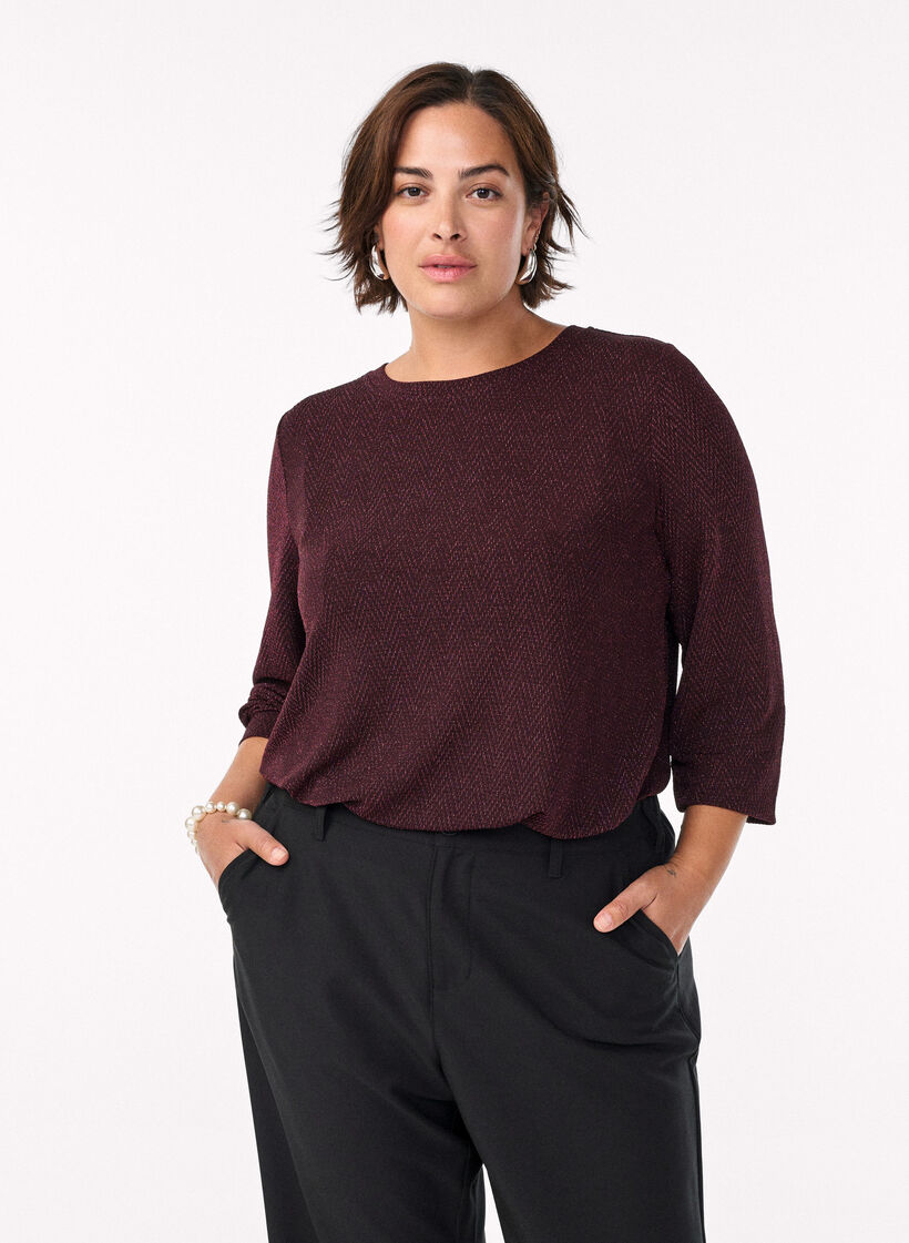Bluse med fiskebensm&oslash;nster og glittertr&aring;d, M&oslash;rk Bordeaux, Model image number 0