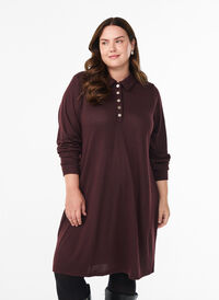 Kort poloskjole med knapper og lange ermer, Mørk Bordeaux Kort poloskjole med knapper og lange ermer, Mørk Bordeaux, Model