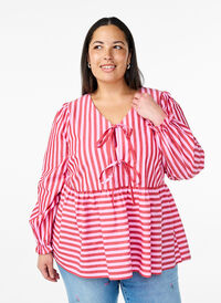 Bluse med striper og sløyfer, Rød Bluse med striper og sløyfer, Rød, Model