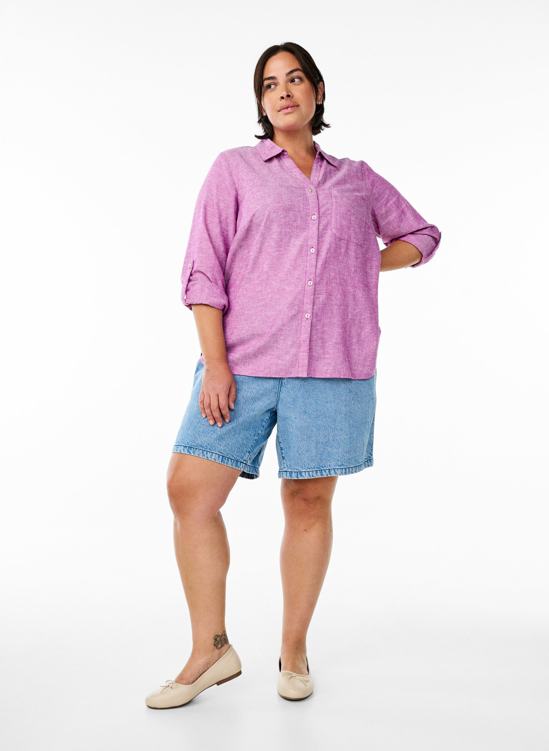 ZizziSkjorte i lin og viskose med 3/4 ermer, Lilla, Model image number 1