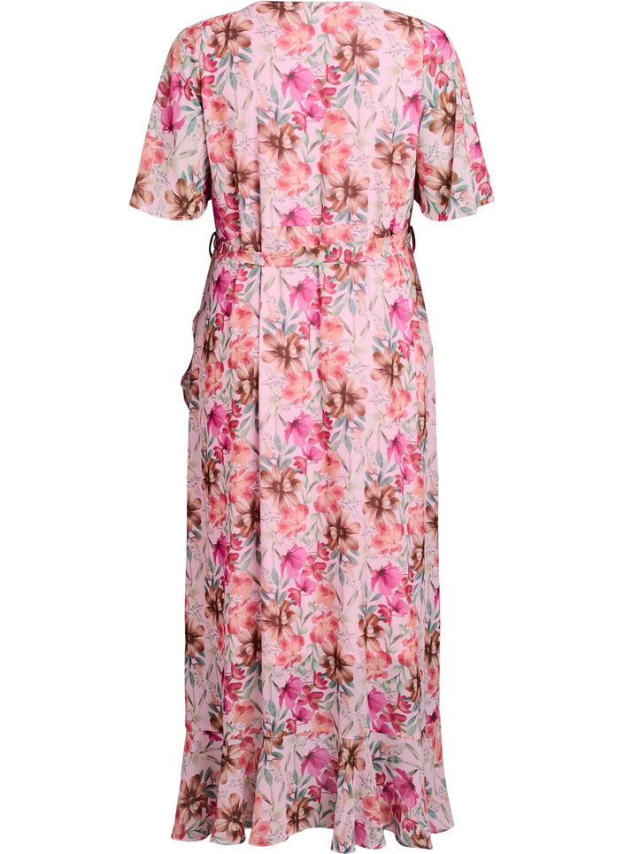 Chiffon maxikjole med V-hals og rysjekant, , Packshot image number 1