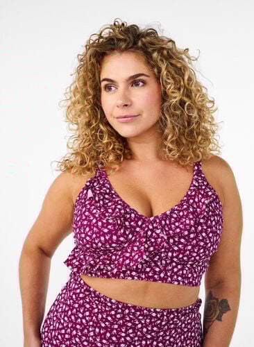 Zizzi Blomstrete bikinioverdel med volangdetaljer, Rød, Model image number 0
