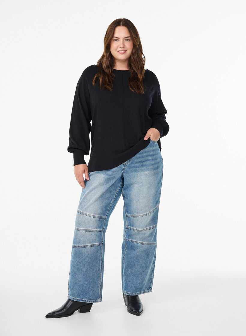 Strikket bluse med midtsøm og raglanermer, Svart, Model image number 1