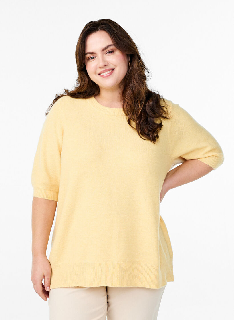 Strikket bluse med korte ermer, Gul, Model image number 0