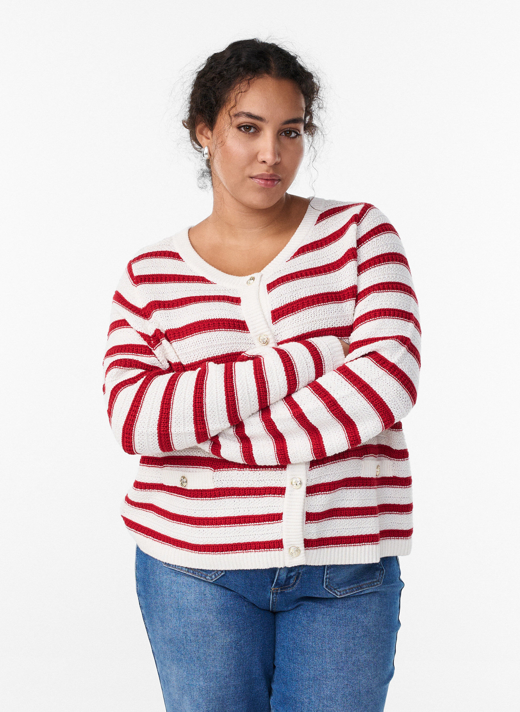 Cardigan med strukturstrikk og dekorative knapper, R&oslash;d, Model