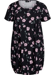 Kortermet bomullskjole med trykt mønster, Black w. Pink Flower