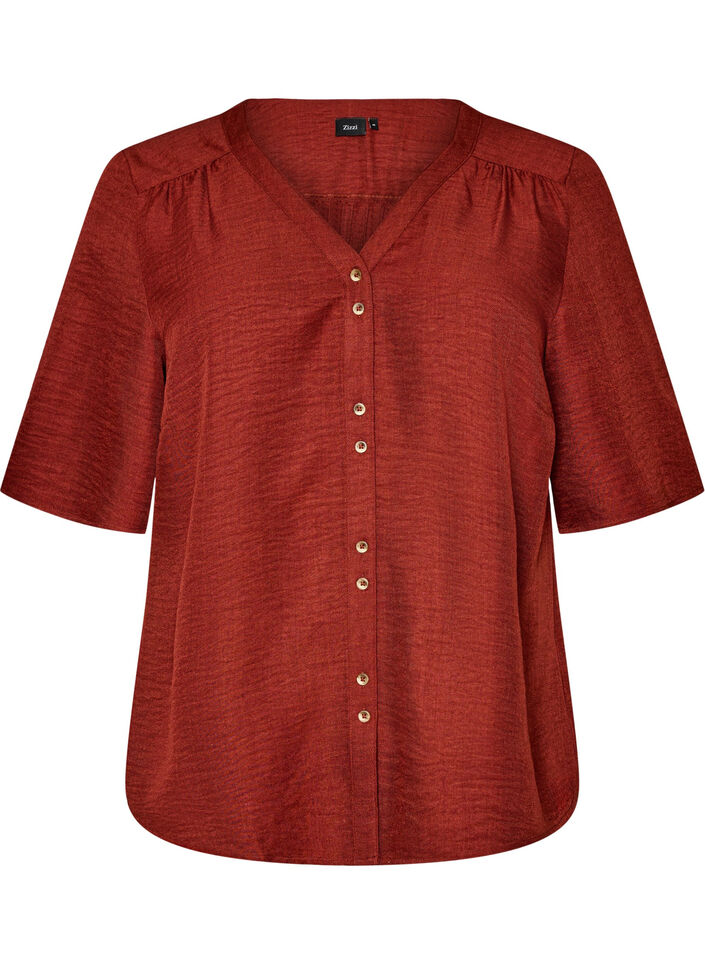 Skjortebluse med V-hals og korte ermer, R&oslash;d, Packshot image number 0