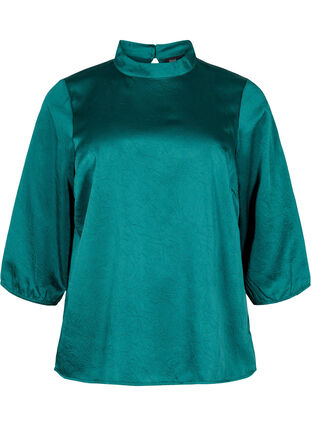 Bluse med 3/4-ermer og kinakrage, Evergreen, Packshot image number 0