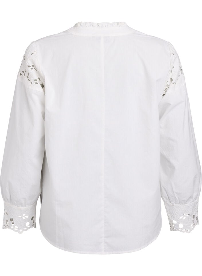 Bluse med V-hals og broderie anglaise-detaljer, Hvit, Packshot