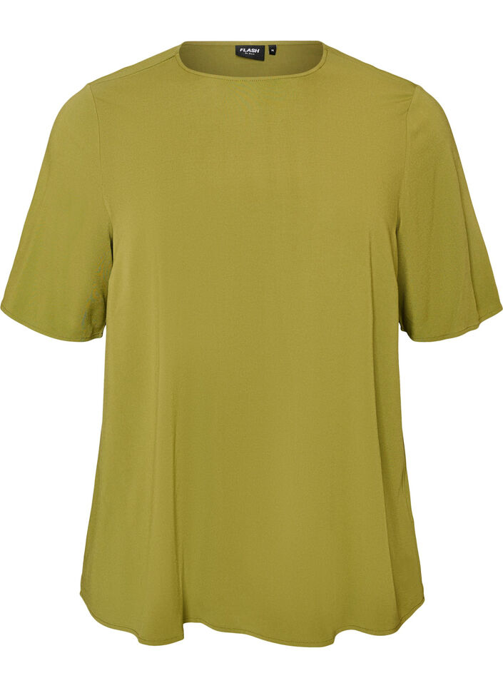 Vevet bluse med korte ermer og rund hals, Gr&oslash;nn, Packshot image number 0