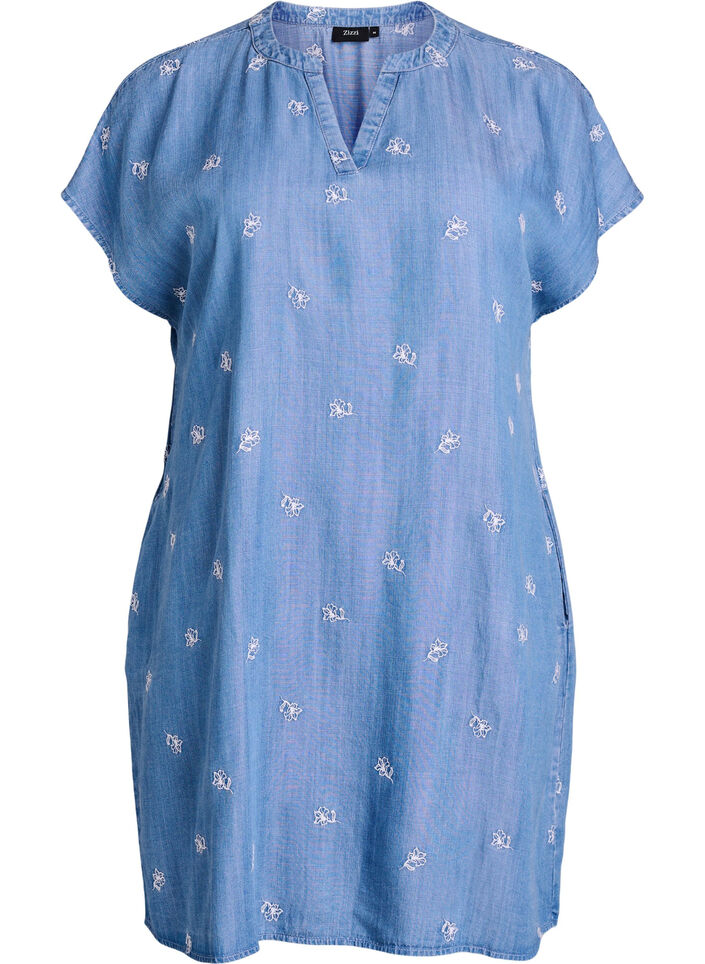 Lyocell kjole med plagg i denim og broderte blomster, Bl&aring;, Packshot image number 0