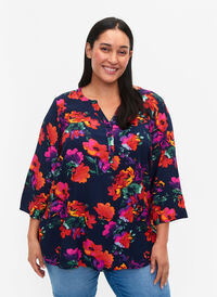 Bluse i viskose med 3/4-ermer, D. Blue Flower AOP, Model