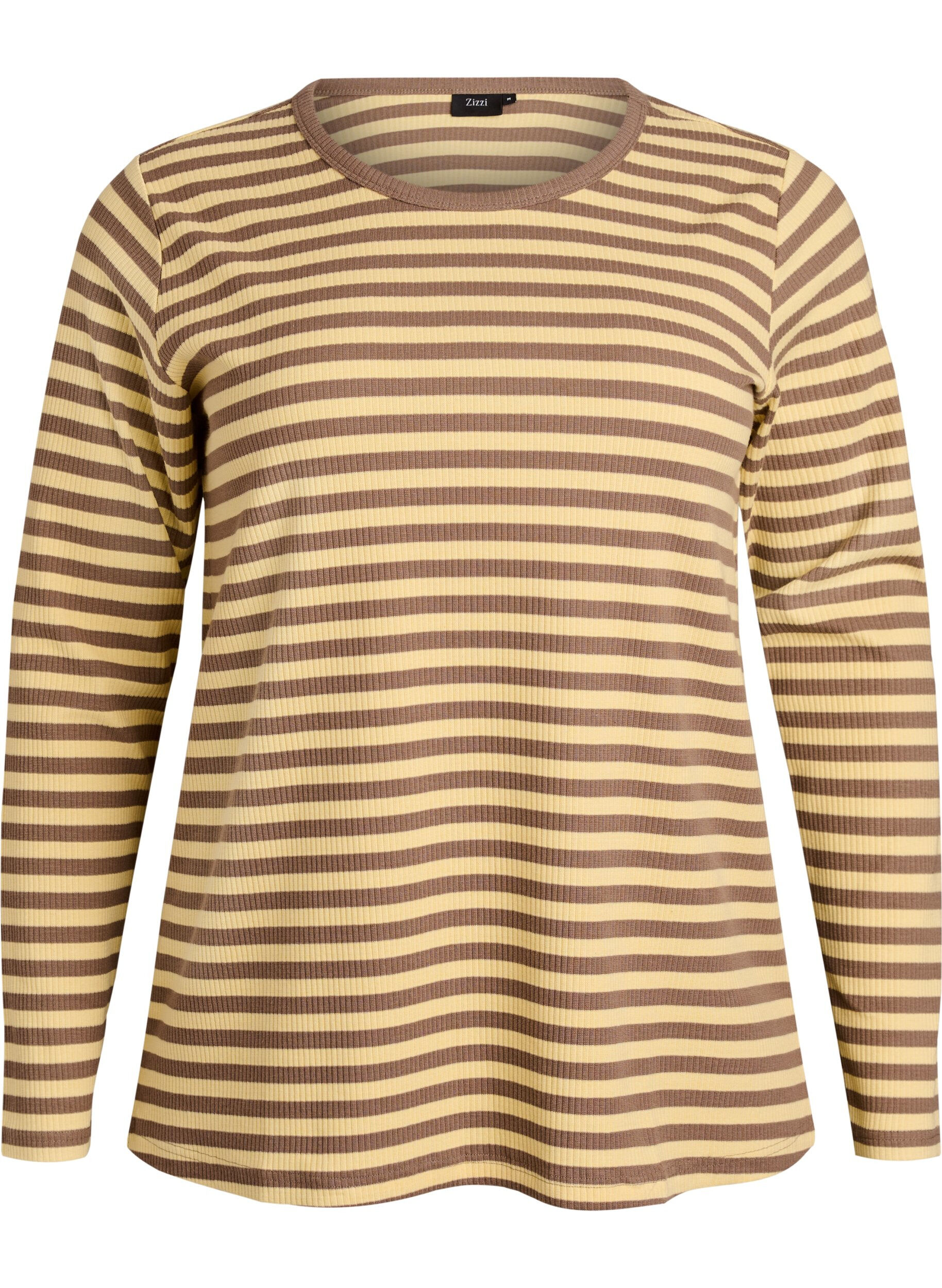 ZizziStripete bluse med lange ermer, Brun, Packshot image number 0