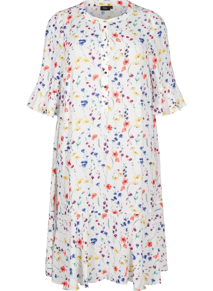 Blomstret midikjole med 3/4-ermer, Multi Flower AOP, Packshot