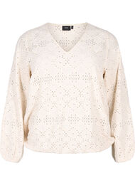 Langermet bluse med V-hals og hullmønster, Antique White