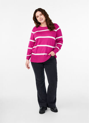Zizzi Strikket viskosebluse med striper, Rosa, Model image number 1