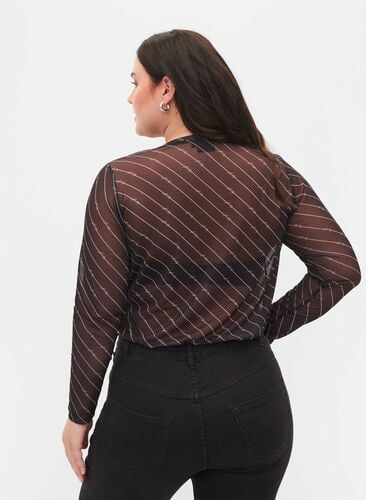 Mønstrete mesh bluse, Black AOP, Model image number 1