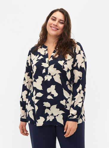 FLASH - Langermet bluse med mønster, Blue White Flower, Model image number 0
