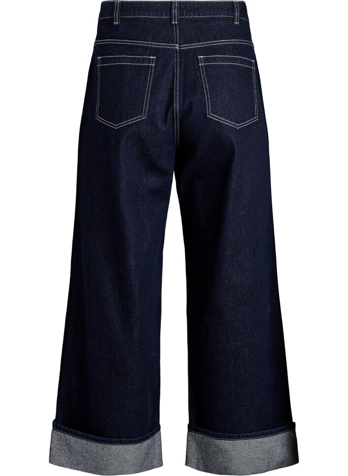 Wide fit jeans med brede oppbrett og kontrasts&oslash;m, Bl&aring;, Packshot image number 1