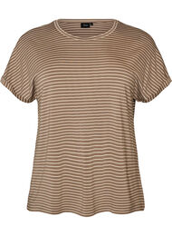 Stripete T-skjorte i viskose med rund hals, Beige
