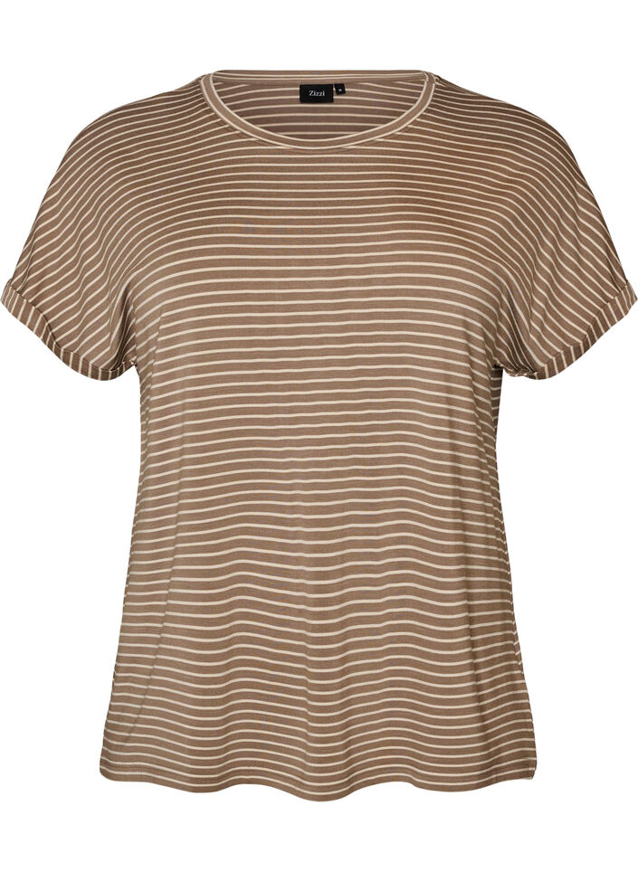 Stripete T-skjorte i viskose med rund hals, Beige, Packshot image number 0