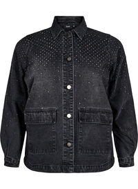Denimjakke med rhinesteiner og store frontlommer, Grå Denimjakke med rhinesteiner og store frontlommer