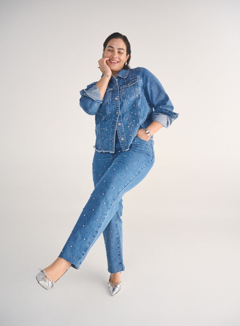 Matchende denimsæt med sten, , Model