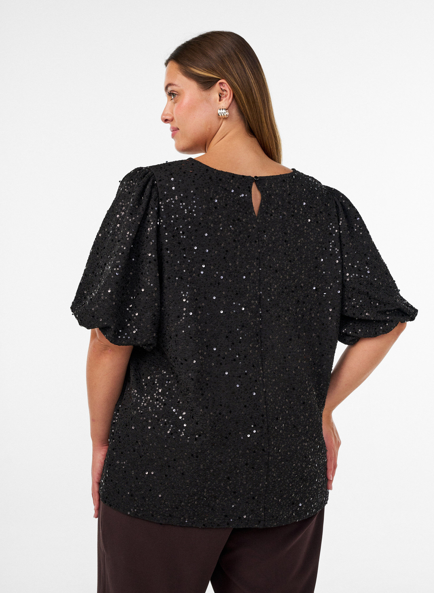 ZizziPaljettbluse med ballongermer, Svart, Model image number 2