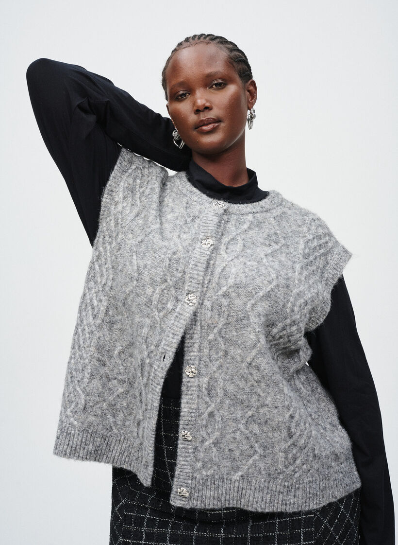 Mønstret strikkevest med dekorative knapper, Medium Grey Melange, Image