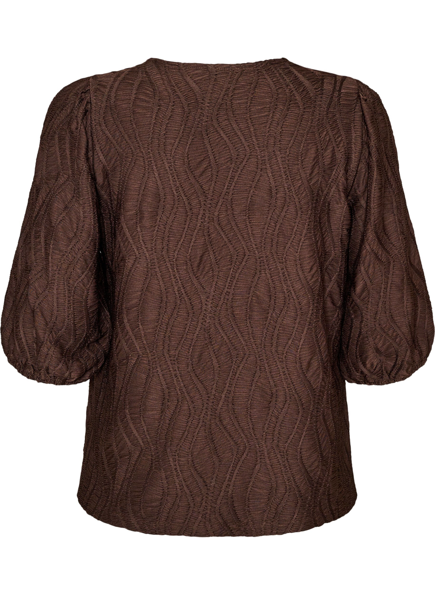 ZizziBluse med tekstur og 3/4 ermer, Brun, Packshot image number 1
