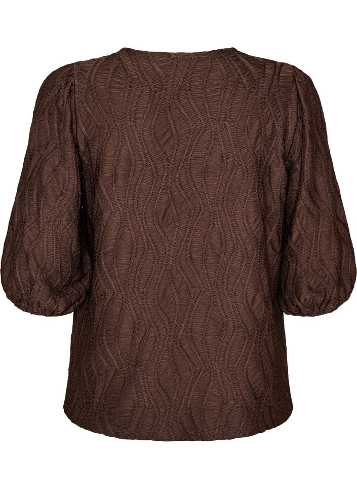 Bluse med tekstur og 3/4 ermer, Brun, Packshot image number 1