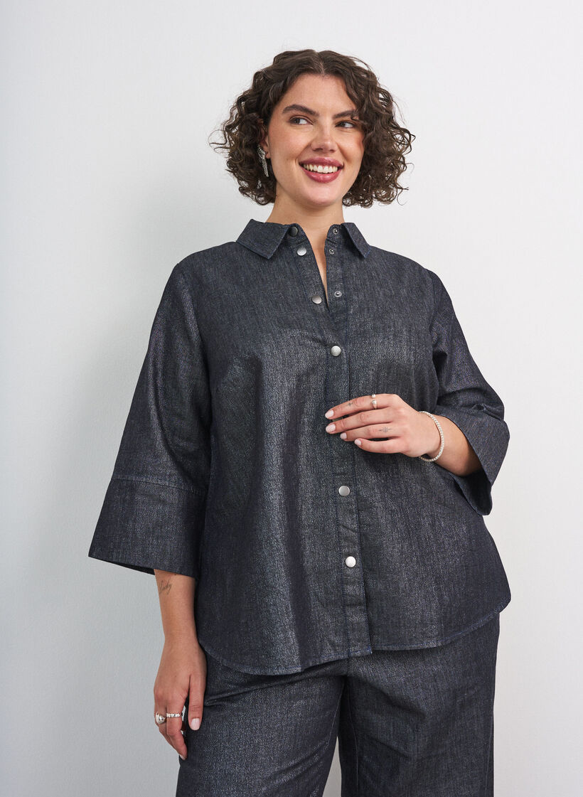 Denimskjorte med glittertr&aring;d og 3/4 ermer, Gr&aring;, Model image number 0