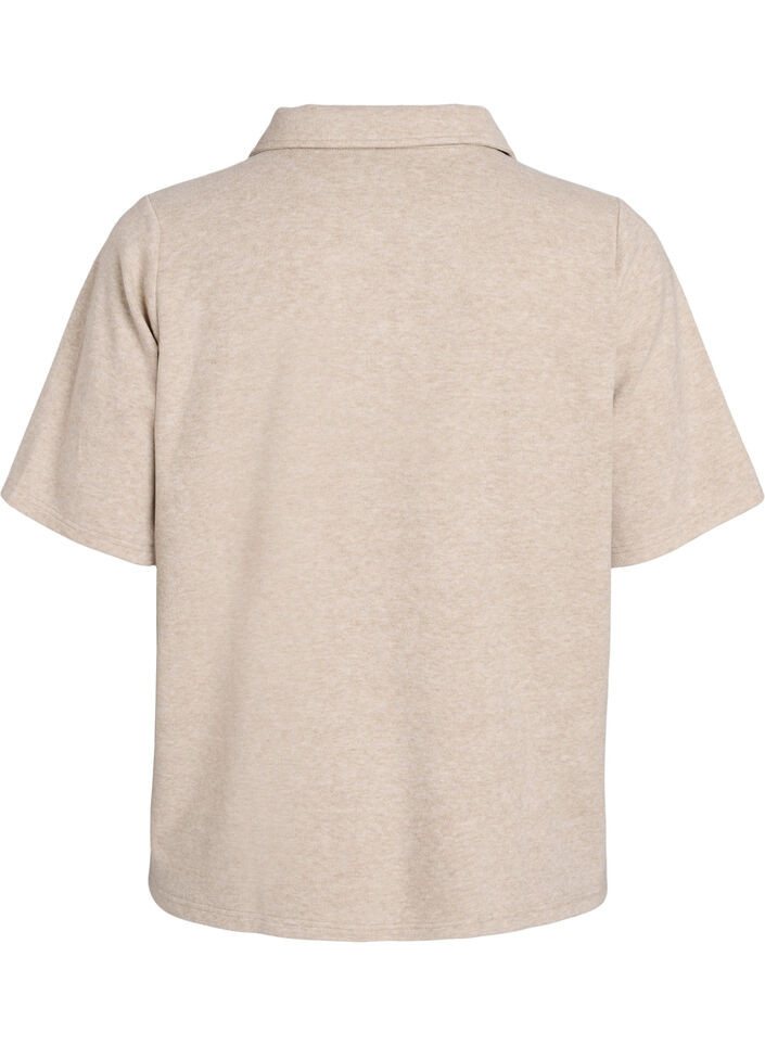 Jerseybluse med krage og korte ermer, Brun, Packshot image number 1