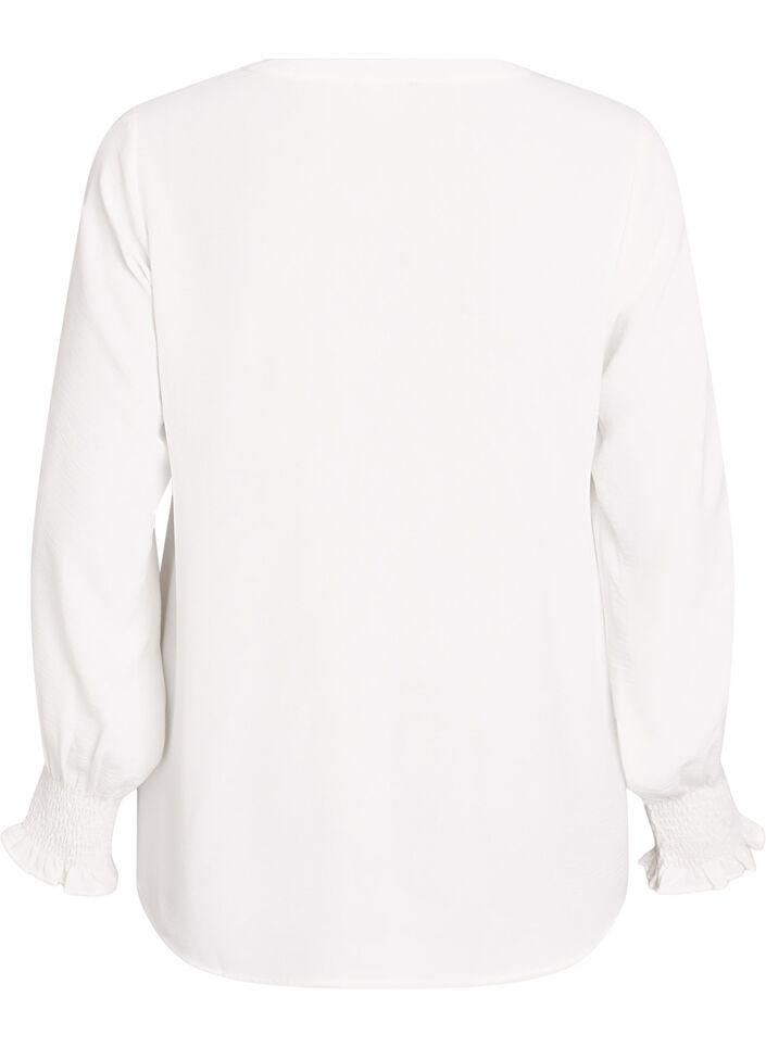 Bluse med smockmansjetter og V-hals, Vanilje, Packshot image number 1