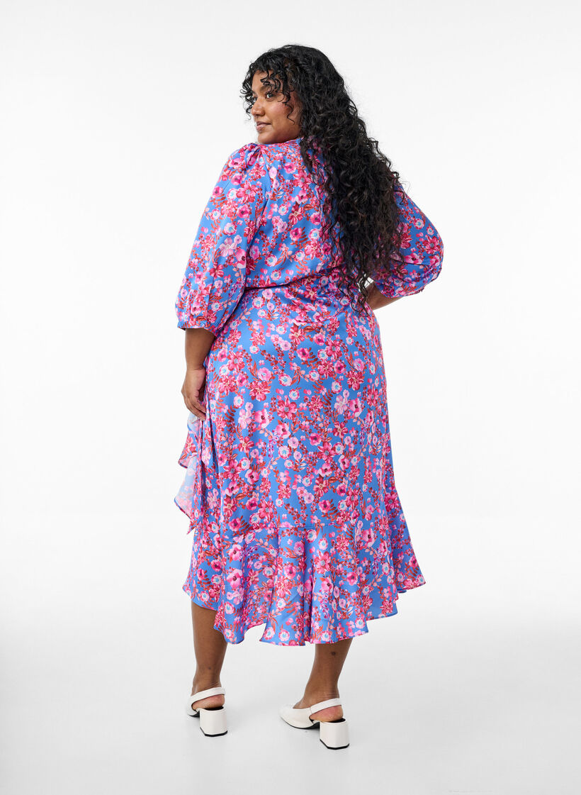 Blomstret omslagskjole med 3/4 ermer, Blue Pink Flower, Model