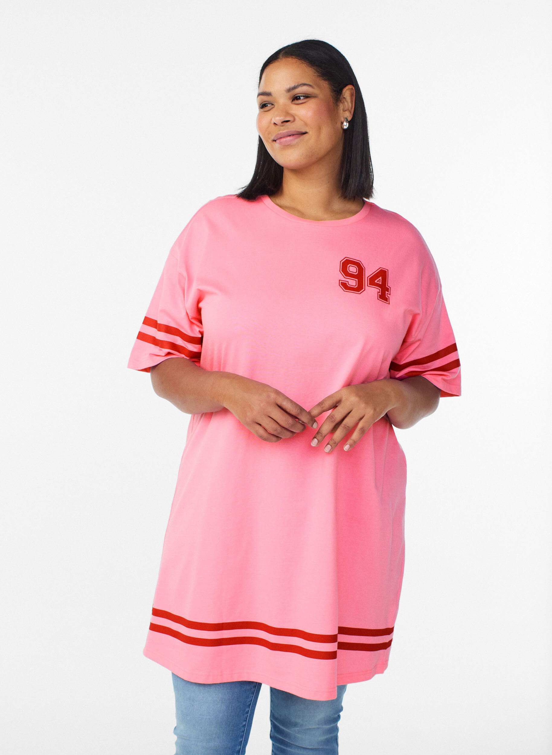 Kort T-skjortekjole med sporty detaljer, Rosa, Model