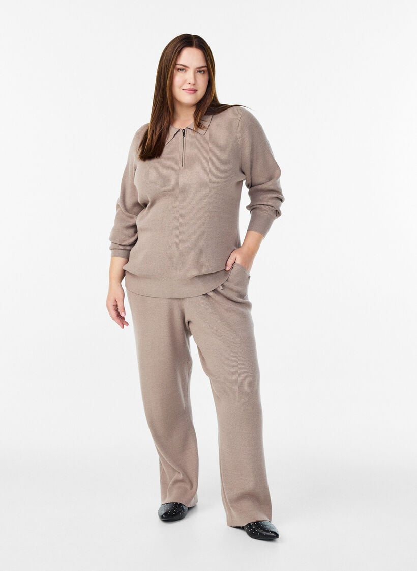 Ribbestrikket genser med polokrage og glidelås, Beige, Model image number 1