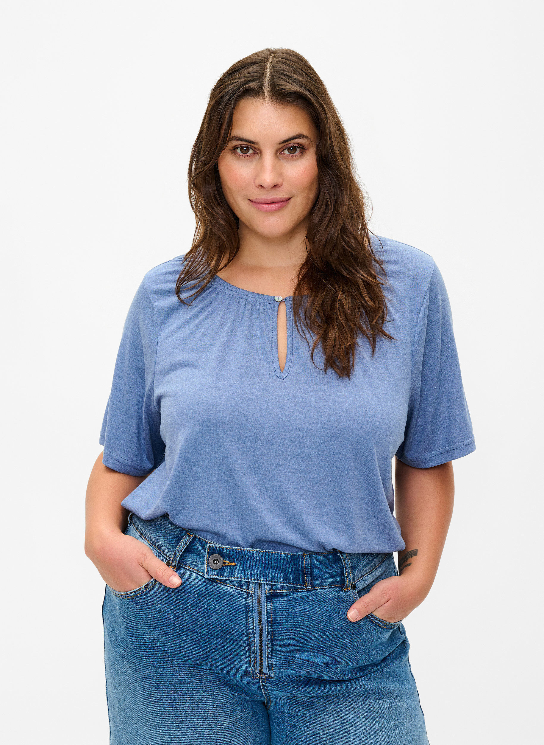 Zizzi Melange Bluse med korte ermer, Moonlight Blue Mel., Model image number 0