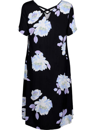 Blomstret kjole med korte ermer i viskose, Black Big Flower AOP, Packshot image number 1