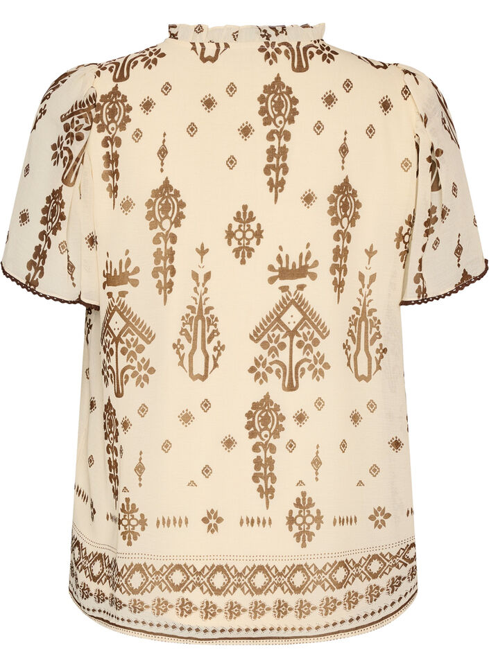 Bluse med m&oslash;nster og heklet kant, Beige, Packshot image number 1