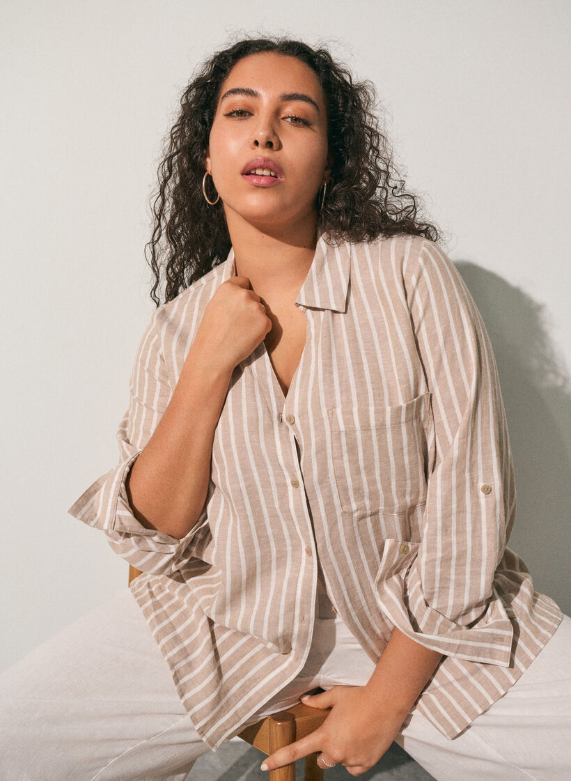 Skjorte i lin og viskose med 3/4 ermer, Beige, Image image number 0