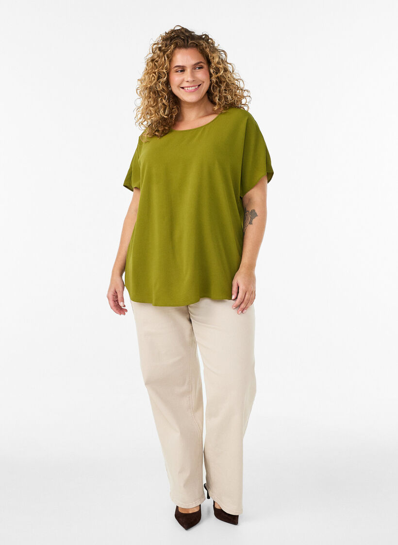 Kortermet bluse med rund hals, Gr&oslash;nn, Model image number 1