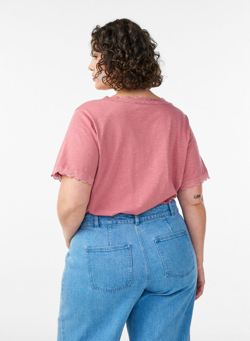 T-skjorte med blonder kant, Rosa, Model image number 2
